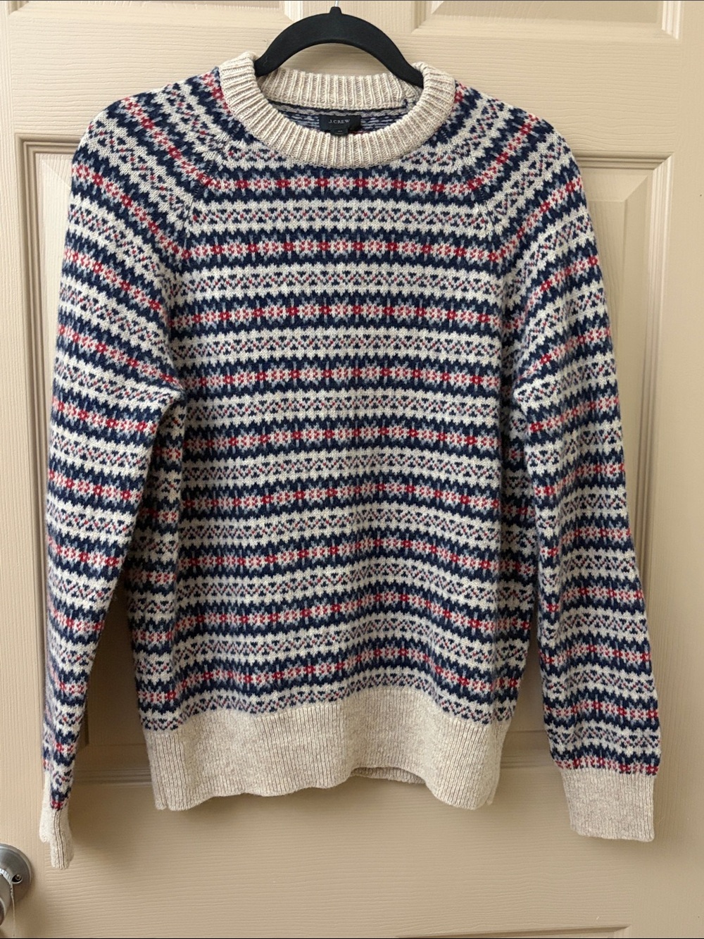 J. Crew Cream Crewneck Fair Isle Sweater with Navy & Red Pattern